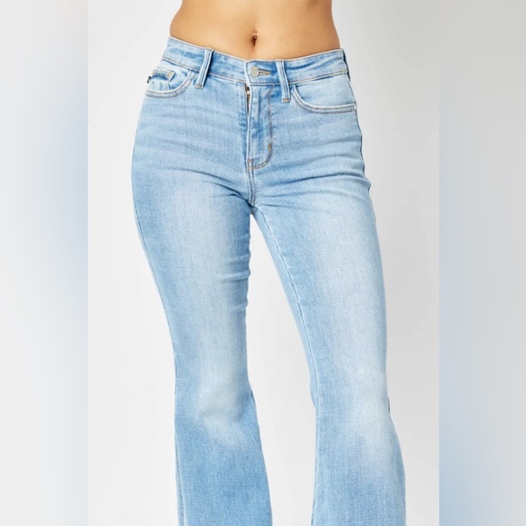 Judy Blue Full Size Mid Rise Raw Hem Slit Flare Jeans blue - Picture 2 of 4